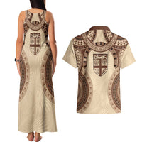 Bula Fiji Day 55th Anniversary Masi Tapa Couples Matching Tank Maxi Dress and Hawaiian Shirt Emerald Jubilee - Beige - Polynesian Pride