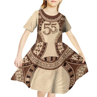 Bula Fiji Day 55th Anniversary Masi Tapa Kid Short Sleeve Dress Emerald Jubilee - Beige - Polynesian Pride