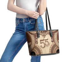 Bula Fiji Day 55th Anniversary Masi Tapa Leather Tote Bag Emerald Jubilee - Beige - Polynesian Pride