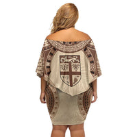 Bula Fiji Day 55th Anniversary Masi Tapa Off Shoulder Short Dress Emerald Jubilee - Beige - Polynesian Pride