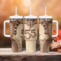 Bula Fiji Day 55th Anniversary Masi Tapa Tumbler With Handle Emerald Jubilee - Beige - Polynesian Pride