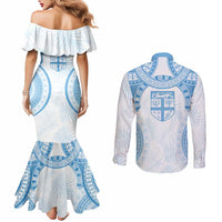 Bula Fiji Day 55th Anniversary Masi Tapa Couples Matching Mermaid Dress and Long Sleeve Button Shirt Emerald Jubilee - Turquoise - Polynesian Pride