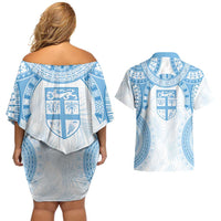 Bula Fiji Day 55th Anniversary Masi Tapa Couples Matching Off Shoulder Short Dress and Hawaiian Shirt Emerald Jubilee - Turquoise - Polynesian Pride