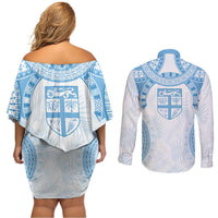 Bula Fiji Day 55th Anniversary Masi Tapa Couples Matching Off Shoulder Short Dress and Long Sleeve Button Shirt Emerald Jubilee - Turquoise - Polynesian Pride