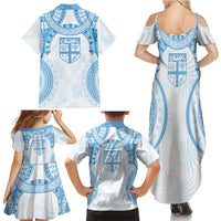 Bula Fiji Day 55th Anniversary Masi Tapa Family Matching Summer Maxi Dress and Hawaiian Shirt Emerald Jubilee - Turquoise - Polynesian Pride