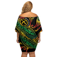 Vanuatu Indipendens Dei Off Shoulder Short Dress Mix Traditional Sand Drawing