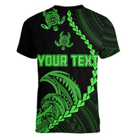 Personalised Guam Women V Neck T Shirt Tribal Turtles Curves Style - Green LT7 - Polynesian Pride