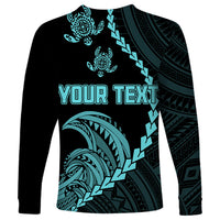 Personalised Guam Long Sleeve Shirt Tribal Turtles Curves Style - Turquoise LT7 - Polynesian Pride