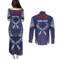 Personalized Talofa Samoa Couples Matching Puletasi and Long Sleeve Button Shirt Ulafala With Toa Nifo'oti - Blue