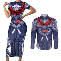 Personalized Talofa Samoa Couples Matching Short Sleeve Bodycon Dress and Long Sleeve Button Shirt Ulafala With Toa Nifo'oti - Blue