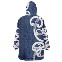 New Zealand Maori Mo Bros Wearable Blanket Hoodie Blue Ribbon With Koru Kowhaiwhai - Polynesian Pride