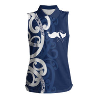 New Zealand Maori Mo Bros Women Sleeveless Polo Shirt Blue Ribbon With Koru Kowhaiwhai - Polynesian Pride