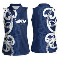 New Zealand Maori Mo Bros Women Sleeveless Polo Shirt Blue Ribbon With Koru Kowhaiwhai - Polynesian Pride