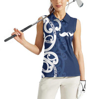 New Zealand Maori Mo Bros Women Sleeveless Polo Shirt Blue Ribbon With Koru Kowhaiwhai - Polynesian Pride