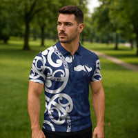New Zealand Maori Mo Bros Zipper Polo Shirt Blue Ribbon With Koru Kowhaiwhai - Polynesian Pride