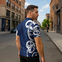 New Zealand Maori Mo Bros Zipper Polo Shirt Blue Ribbon With Koru Kowhaiwhai - Polynesian Pride