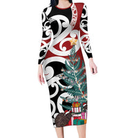 New Zealand Silver Fern Christmas Tree Long Sleeve Bodycon Dress Meri Kirihimete - Polynesian Pride