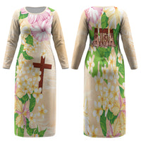 Samoa AIGA Floral Theme Family Matching Long Sleeve Bodycon Dress and Hawaiian Shirt Always In God's Arms