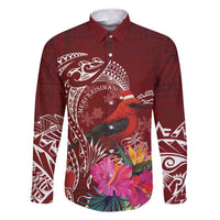 Personalized Samoa Meri Krisimasi Family Matching Mermaid Dress and Hawaiian Shirt Segasegamau'u Mix Siapo LT7 Dad's Shirt - Long Sleeve Red - Polynesian Pride
