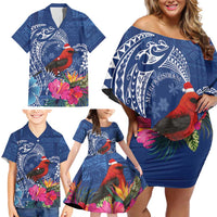 Personalized Samoa Christmas Family Matching Off Shoulder Short Dress and Hawaiian Shirt Cardinal Honeyeater Mix Siapo