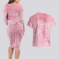 Breast Cancer Awareness Maori Couples Matching Long Sleeve Bodycon Dress and Hawaiian Shirt Kia Kaha Kia Maia Kia Manawanui - Polynesian Pride