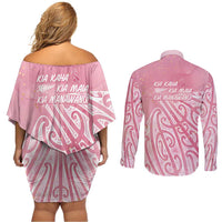 Breast Cancer Awareness Maori Couples Matching Off Shoulder Short Dress and Long Sleeve Button Shirt Kia Kaha Kia Maia Kia Manawanui - Polynesian Pride