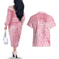 Breast Cancer Awareness Maori Couples Matching Off The Shoulder Long Sleeve Dress and Hawaiian Shirt Kia Kaha Kia Maia Kia Manawanui - Polynesian Pride
