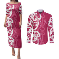 Breast Cancer Awareness Maori Couples Matching Puletasi and Long Sleeve Button Shirt Koru Kowhaiwhai - Polynesian Pride