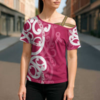 Breast Cancer Awareness Maori Cross Shoulder Shirt Koru Kowhaiwhai - Polynesian Pride