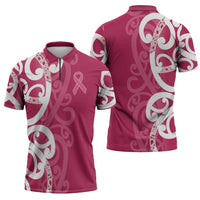 Breast Cancer Awareness Maori Zipper Polo Shirt Koru Kowhaiwhai - Polynesian Pride