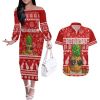Hawaii Pineapple Christmas Couples Matching Off The Shoulder Long Sleeve Dress and Hawaiian Shirt Mele Kalikimaka LT7 Red - Polynesian Pride