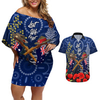 Anzac Couples Matching Off Shoulder Short Dress and Hawaiian Shirt Ausralia Aboriginal Mix New Zealand Slouch Hats LT7 Blue - Polynesian Pride