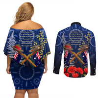 Anzac Couples Matching Off Shoulder Short Dress and Long Sleeve Button Shirt Australia Aboriginal Mix New Zealand Slouch Hats LT7 - Polynesian Pride