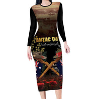Australia - New Zealand ANZAC Long Sleeve Bodycon Dress Gallipoli ANZAC Cove Landing LT7 Long Dress Black - Polynesian Pride