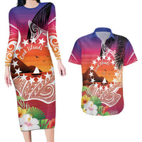 Kia Orana Cook Islands Couples Matching Long Sleeve Bodycon Dress and Hawaiian Shirt Sunset Dream