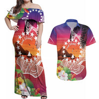 Kia Orana Cook Islands Couples Matching Off Shoulder Maxi Dress and Hawaiian Shirt Sunset Dream