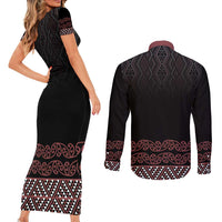 Maori Taniko Patterns Couples Matching Short Sleeve Bodycon Dress and Long Sleeve Button Shirt Brown Niho Taniwha Mix Paatiki Motifs