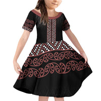 Maori Taniko Patterns Family Matching Off Shoulder Short Dress and Hawaiian Shirt Brown Niho Taniwha Mix Paatiki Motifs