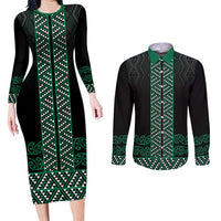 Maori Taniko Patterns Couples Matching Long Sleeve Bodycon Dress and Long Sleeve Button Shirt Pounamu Niho Taniwha Mix Paatiki Motifs