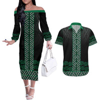 Maori Taniko Patterns Couples Matching Off The Shoulder Long Sleeve Dress and Hawaiian Shirt Pounamu Niho Taniwha Mix Paatiki Motifs LT7 Green - Polynesian Pride