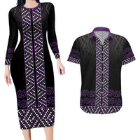 Maori Taniko Patterns Couples Matching Long Sleeve Bodycon Dress and Hawaiian Shirt Purple Niho Taniwha Mix Paatiki Motifs LT7 Purple - Polynesian Pride