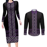 Maori Taniko Patterns Couples Matching Long Sleeve Bodycon Dress and Long Sleeve Button Shirt Purple Niho Taniwha Mix Paatiki Motifs
