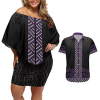 Maori Taniko Patterns Couples Matching Off Shoulder Short Dress and Hawaiian Shirt Purple Niho Taniwha Mix Paatiki Motifs