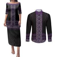Maori Taniko Patterns Couples Matching Puletasi and Long Sleeve Button Shirt Purple Niho Taniwha Mix Paatiki Motifs