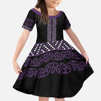 Maori Taniko Patterns Family Matching Long Sleeve Bodycon Dress and Hawaiian Shirt Purple Niho Taniwha Mix Paatiki Motifs LT7 Daughter's Dress Purple - Polynesian Pride