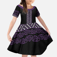 Maori Taniko Patterns Family Matching Off The Shoulder Long Sleeve Dress and Hawaiian Shirt Purple Niho Taniwha Mix Paatiki Motifs LT7 Daughter's Dress Purple - Polynesian Pride