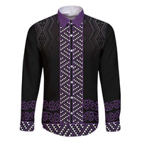 Maori Taniko Patterns Family Matching Off The Shoulder Long Sleeve Dress and Hawaiian Shirt Purple Niho Taniwha Mix Paatiki Motifs LT7 Dad's Shirt - Long Sleeve Purple - Polynesian Pride