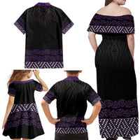 Maori Taniko Patterns Family Matching Off Shoulder Maxi Dress and Hawaiian Shirt Purple Niho Taniwha Mix Paatiki Motifs
