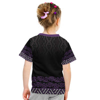 Maori Taniko Patterns Kid T Shirt Purple Niho Taniwha Mix Paatiki Motifs