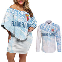 Fiji Rugby Custom Kaiviti Masi Couples Matching Off Shoulder Short Dress and Long Sleeve Button Shirt Turquoise - Polynesian Pride